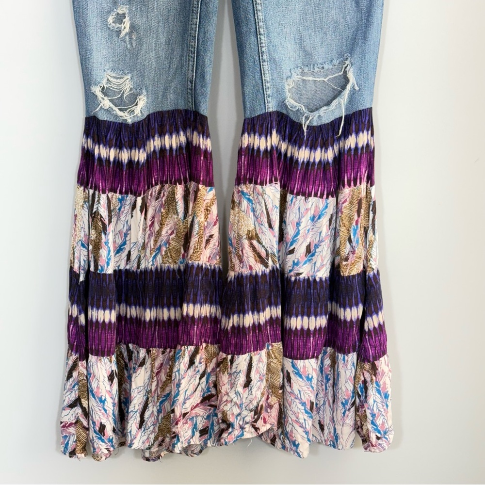 We The Free People Distressed Boho Patchwork Flare Bell Bottom Jeans 25 Boho - Picture 5 of 16
